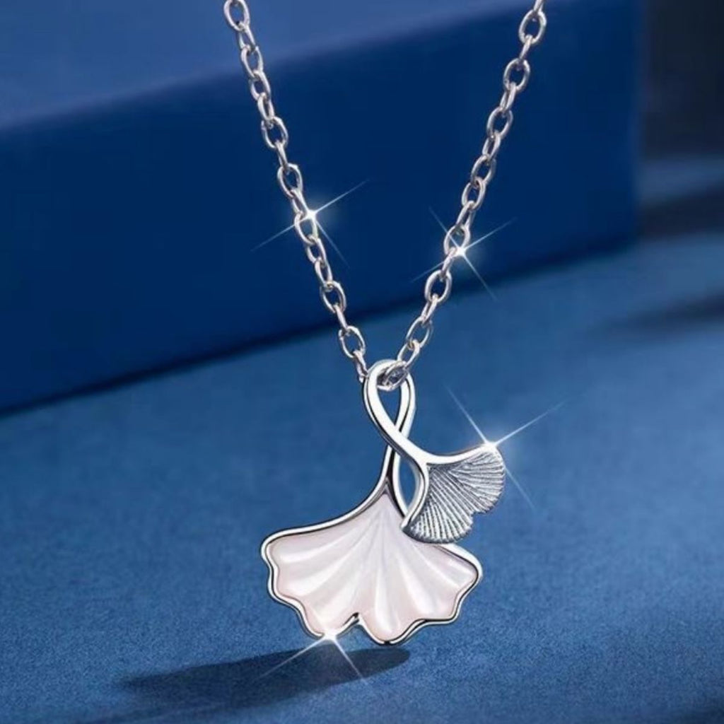Ginkgo Leaf Pendant Necklace in 925 Sterling Silver with Fritillaria Detail
