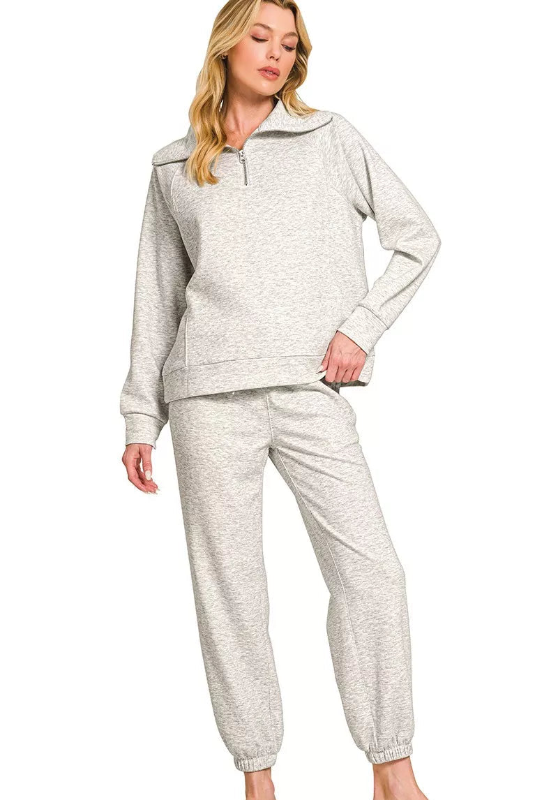 Zenana Scuba Half Zip Sweatshirts and Joggers Set H GREY 240125b231944c3e98547a743f23b5a7-Max-Origin Trendsi