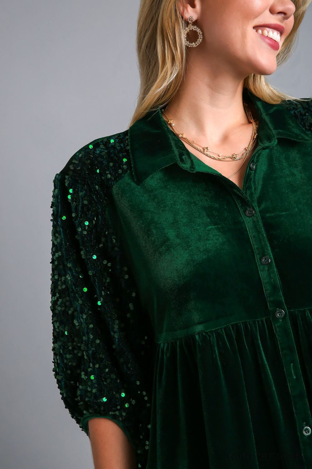 Umgee Women Shirt Green Sequin Half Sleeve Tiered Back Babydoll High-Low