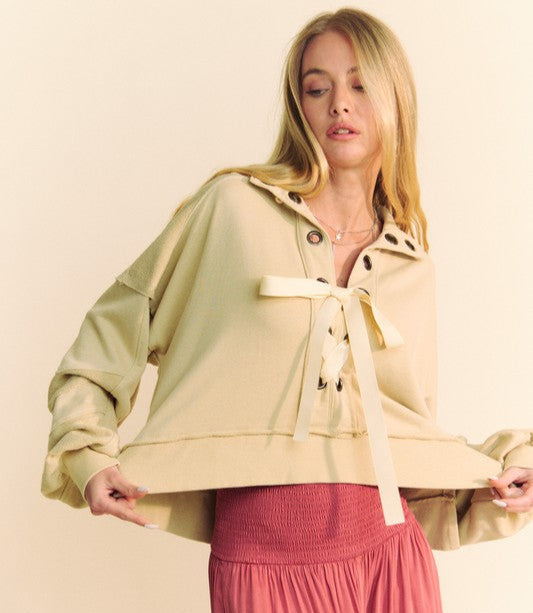 Women's Lace Up French Terry Top Davi & Dani Exposed Seam Long Sleeve Tan Tan 2409236c-0e0e-4e26-ba44-945e8b0bf80f-Max Trendsi