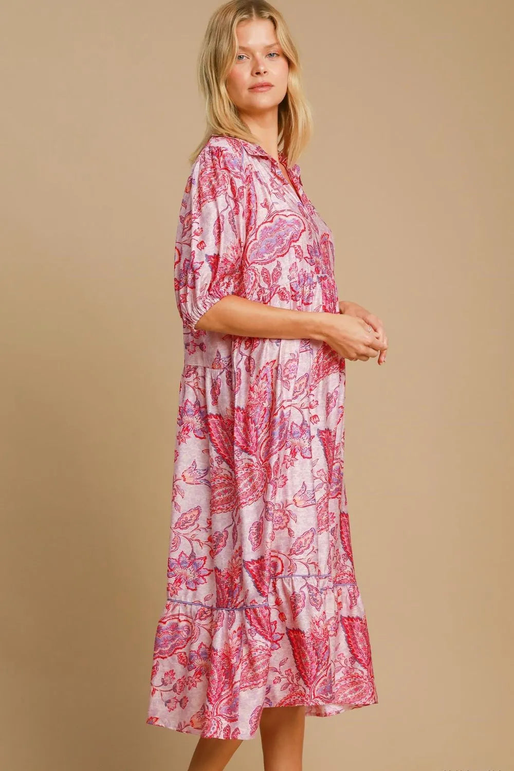 Umgee Midi Dress Floral Paisley Print Pink Mix Ruffled Hem Half Sleeve 240941a2-39e2-4888-a005-bad1ee6c6217-Max-Origin Trendsi