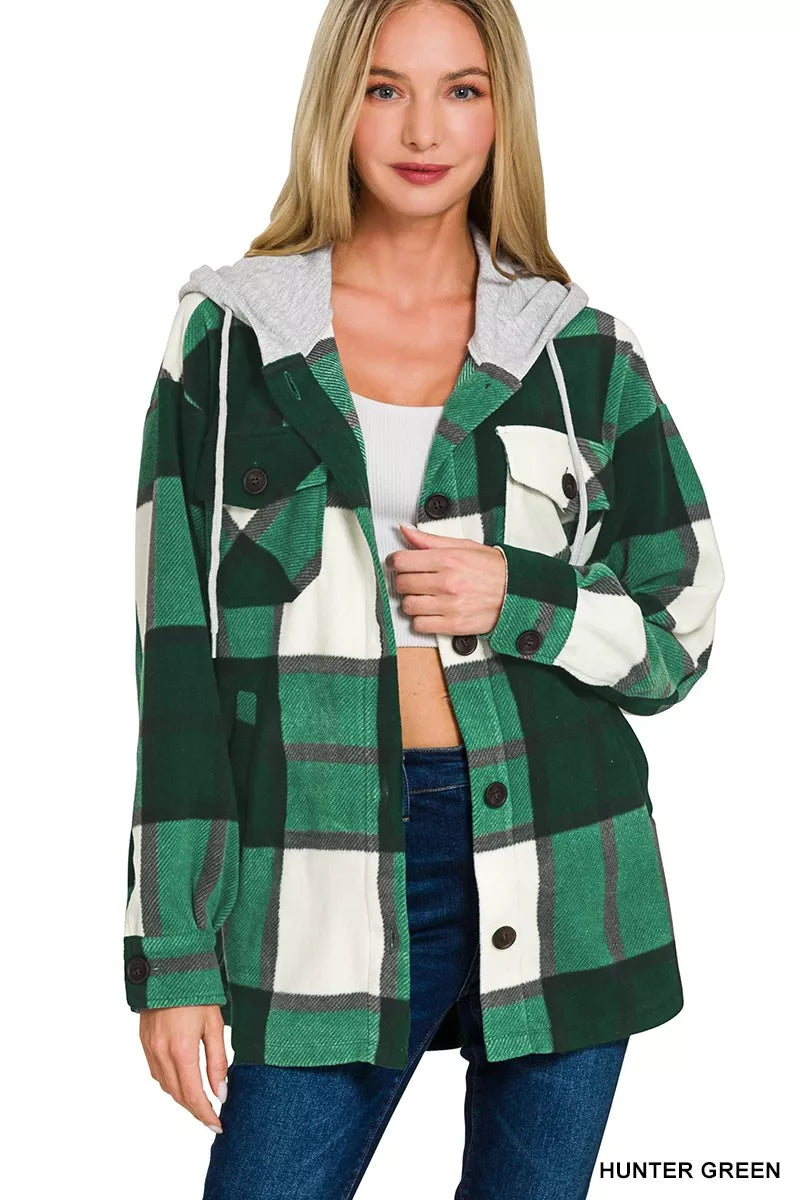 Zenana Womens Fleece Shacket Plaid Green Drawstring Hood Pocketed 2409bf7e925e4342b343d8ab33604329-Max-Origin Trendsi