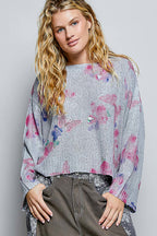 POL Ribbed Round Neck Knit Top with Butterfly Print and Sequin Flower Detail