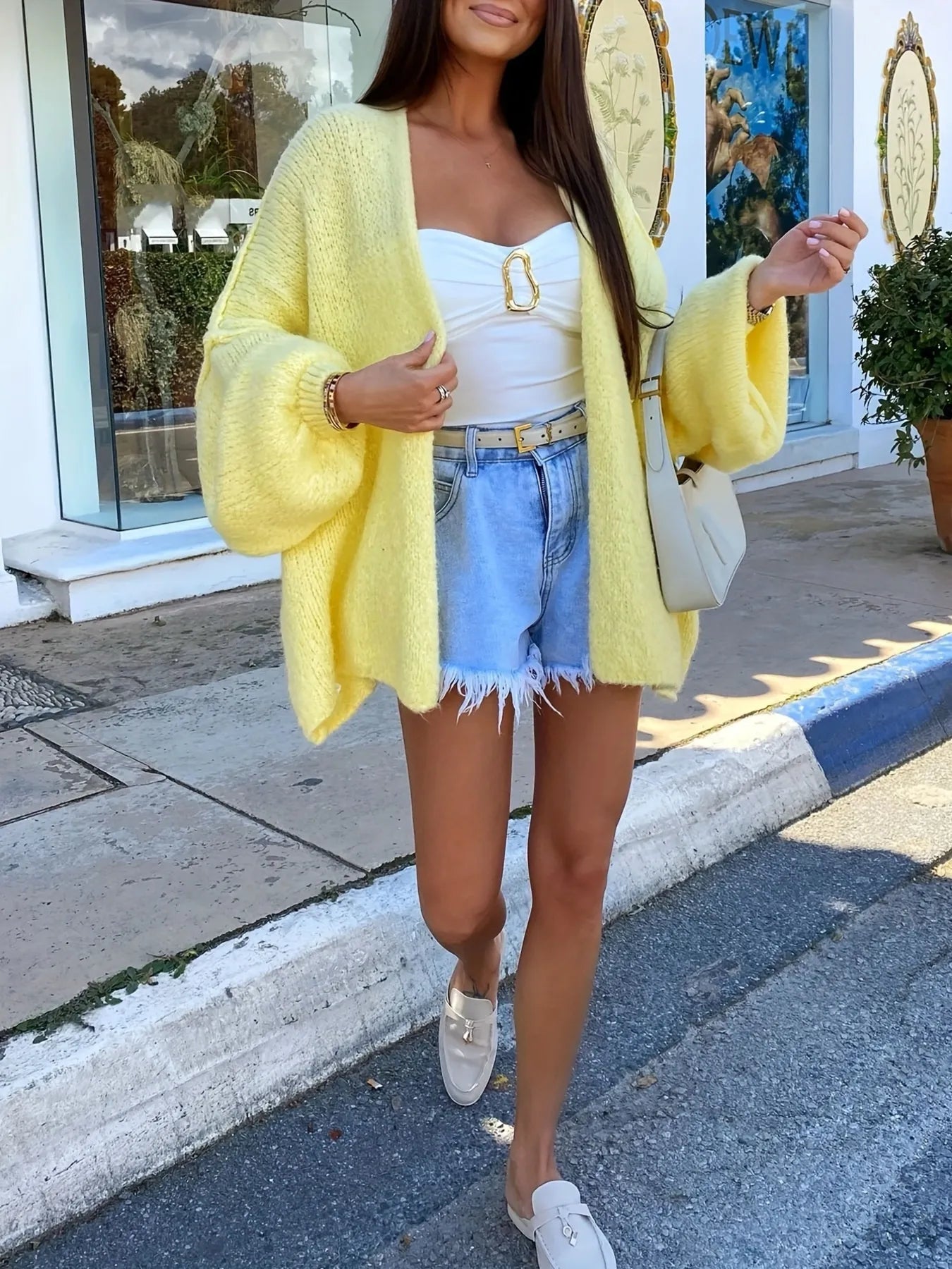Women's Cardigan Yellow Oversized Open Front Long Sleeve Lightweight Knit 240db7b17155432b8db6df873234877b-Max-Origin Trendsi