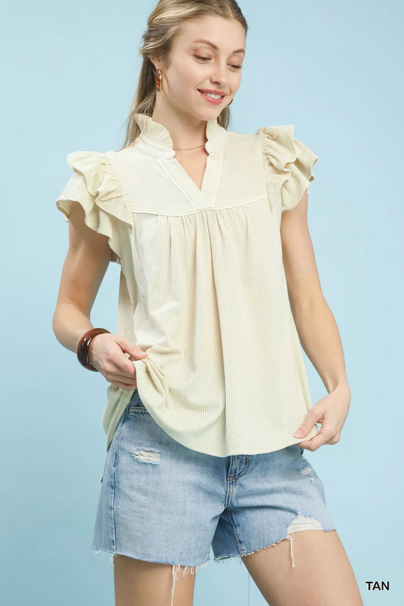 Umgee Blouse Textured Tan Ruffled Short Sleeve Top 2410f883-d857-4159-9257-8c08de5f5e06-Max-Origin Trendsi