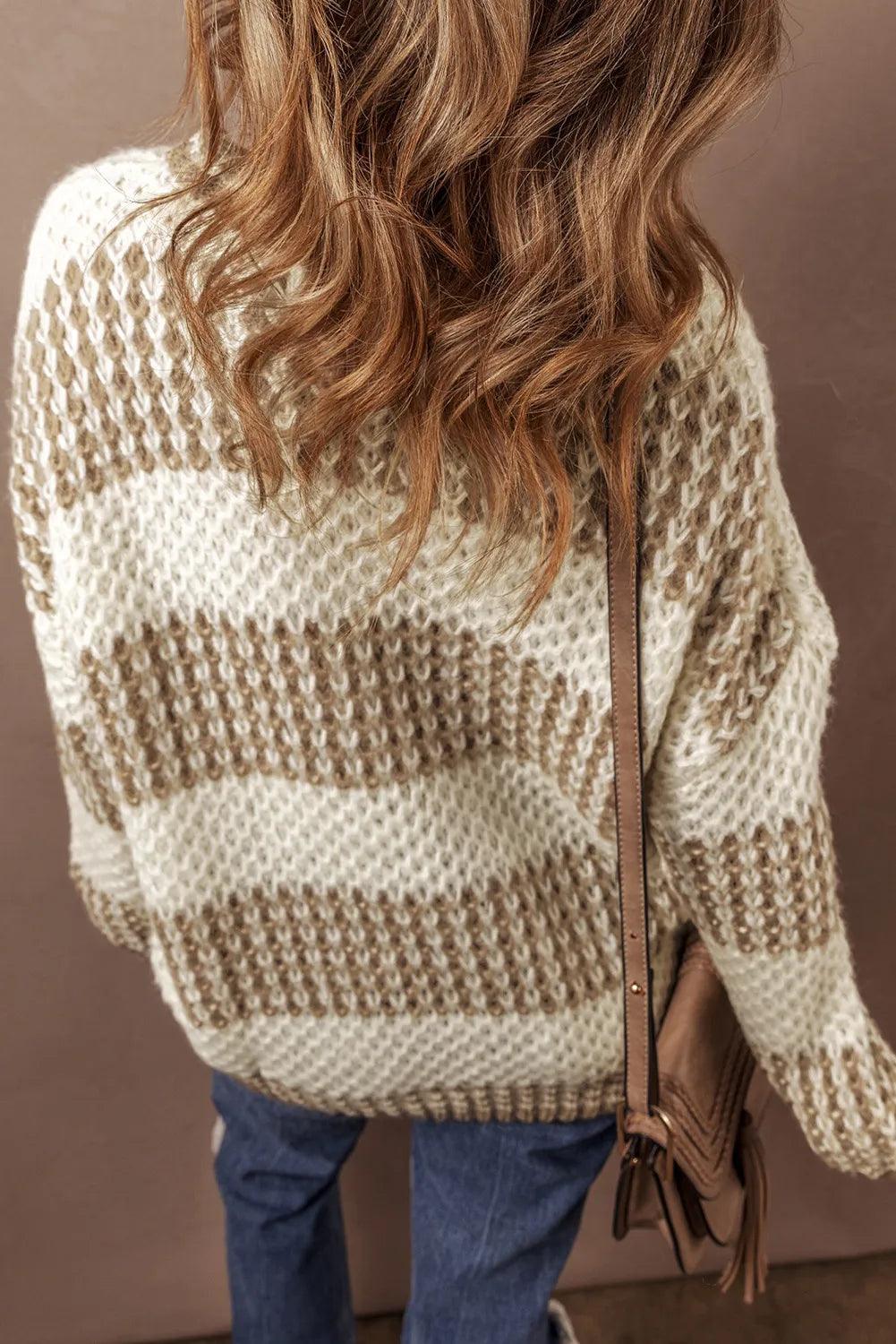 Striped Sweater Round Neck Dropped Shoulder Long Sleeve Knitwear 24135a6f-8942-4dc2-baeb-e2c480e751bf-Max Trendsi
