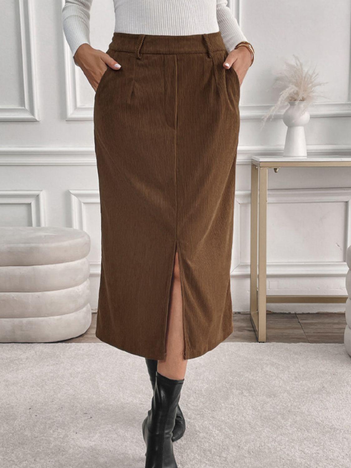 Midi Skirt Brown Perfee Front Slit with Pockets 241b5971-92c9-444d-9ead-364ef943797d-Max Trendsi
