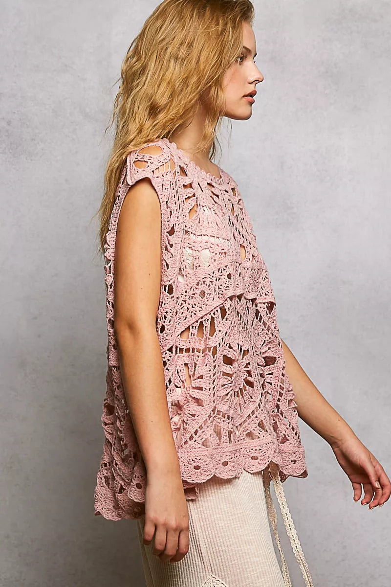 POL Crochet Tank Top Rose Pink Floral Openwork Round Neck Blouse 241ff3a3-cc45-4a99-9059-9a90326add8f-Max-Origin Trendsi