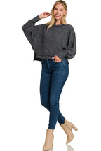Zenana Womens Oversized Pullover Black Brushed Melange Hacci Long Sleeve Top 242f350ebf8746e98059828e7ae256cb-Max-Origin Trendsi
