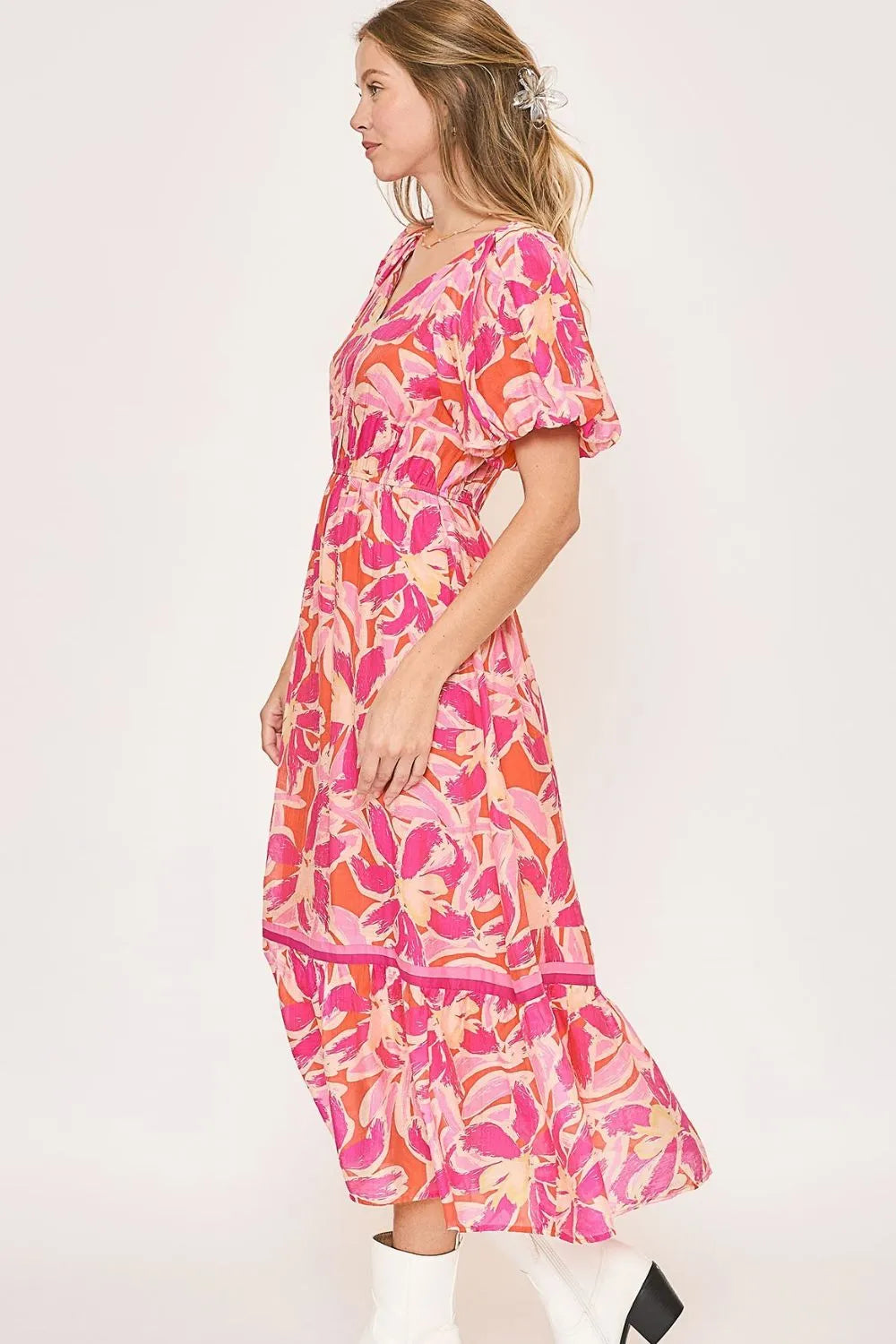 Umgee Midi Dress Fuchsia Pink Floral Notched Puff Short Sleeve 243576ff-bbb3-47dc-a823-e9d1d6cc3974-Max-Origin Trendsi