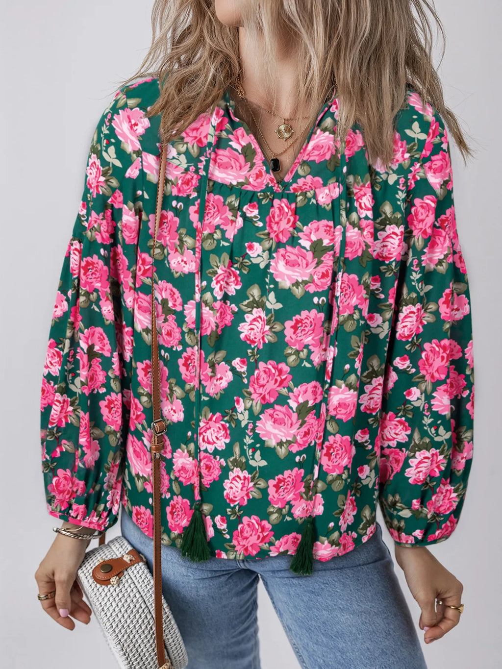 Women's Blouse Floral Pink Printed Tassel Tied Collar Puff Long Sleeve Top Floral 243626c5befa444289b12c08f357d0df-Max-Origin Trendsi