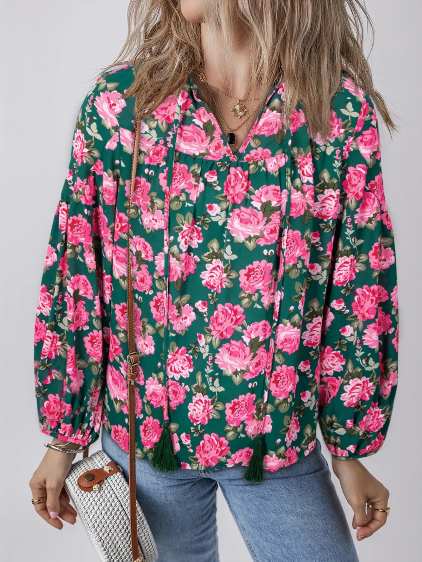 Women's Blouse Floral Pink Printed Tassel Tied Collar Puff Long Sleeve Top Floral 243626c5befa444289b12c08f357d0df-Max-Origin Trendsi