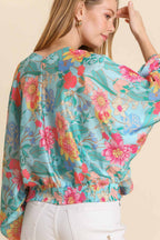 Umgee USA Blouse Turquoise Floral Print Smocked Back Hem V-Neck Top 2439cc7d-0a59-477f-9f06-5af60e4c04bc-Max Trendsi