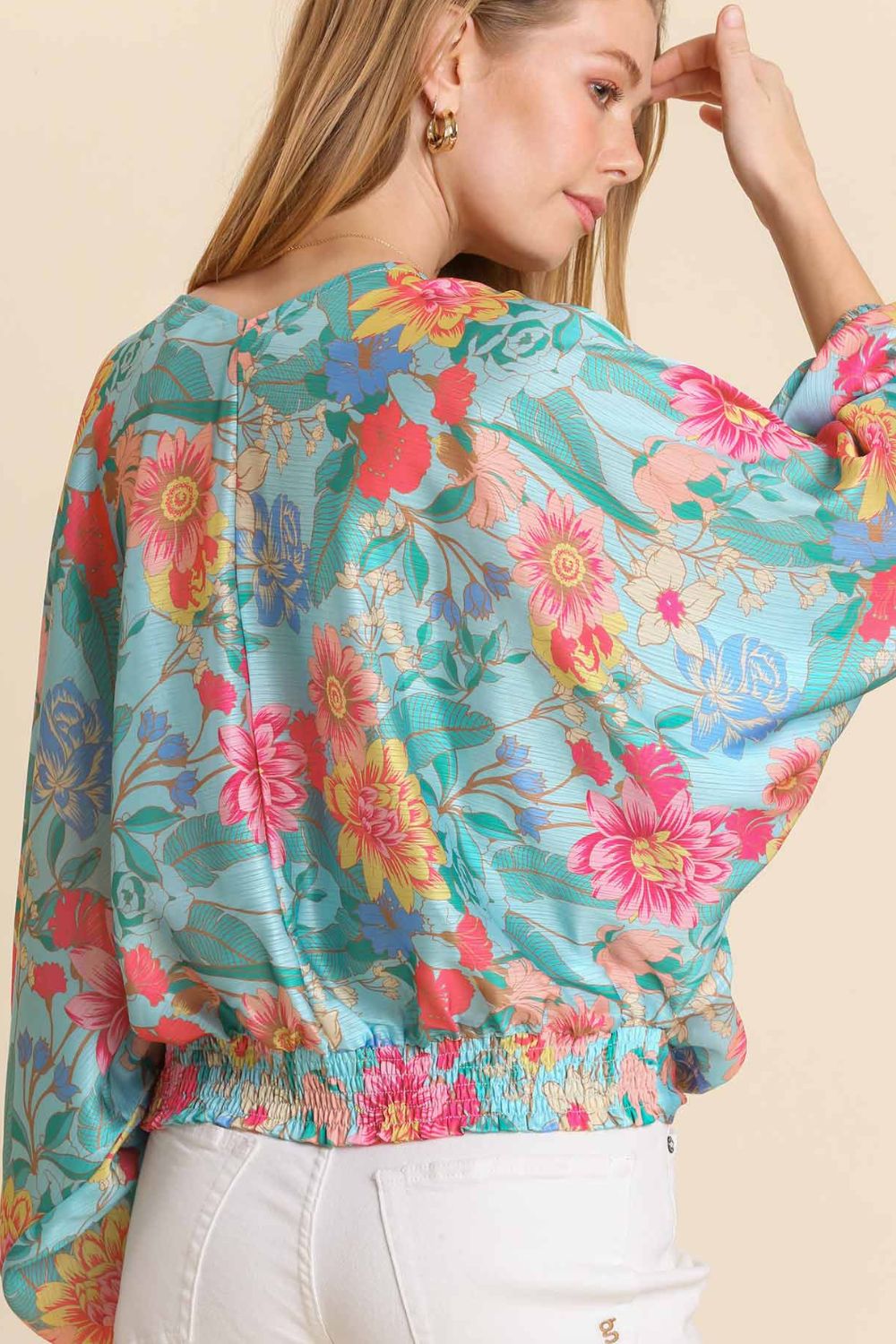 Umgee USA Blouse Turquoise Floral Print Smocked Back Hem V-Neck Top 2439cc7d-0a59-477f-9f06-5af60e4c04bc-Max Trendsi