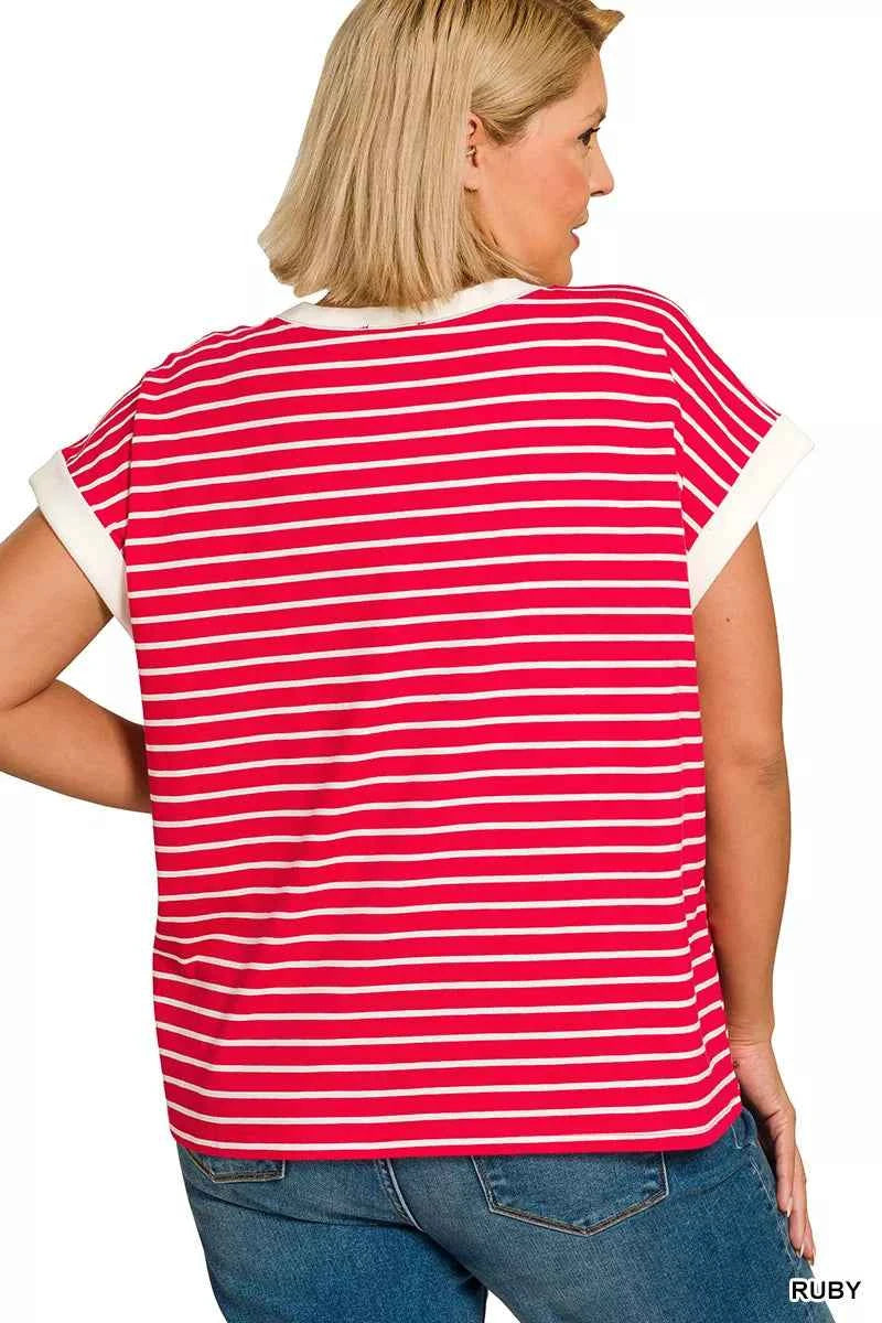 Zenana Women T-shirt Ruby Red Contrast Stripe Trim Cap Sleeve Tee Plus Sizes 243da319-2737-4df5-a904-66a047ea5497-Max-Origin Trendsi