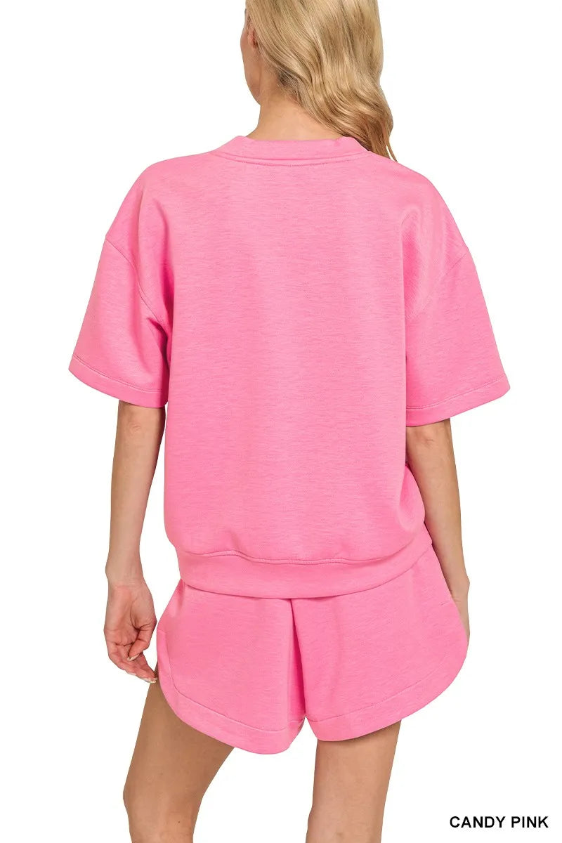Zenana Top & Shorts Set Pink Scuba Short Sleeve Two-piece Activewear 243e432b62e443309ea6f08a822e006d-Max-Origin Trendsi