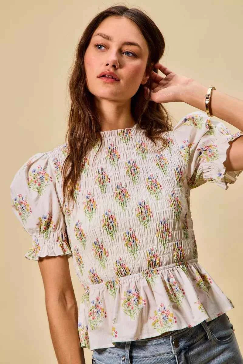 SO ME Floral Cotton Smocked Short Sleeves Blouse