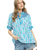 Umgee Mix Boho Puff Sleeve Smocked Top