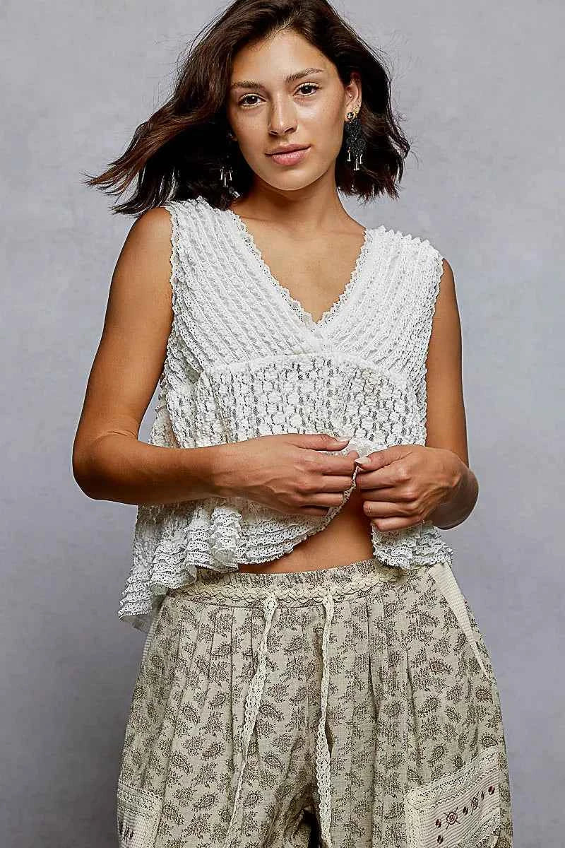 POL Blouse Textured Lace Cropped Tank Ivory Ruffled with Trim Detail Top 2457cc55-542f-48de-b4e3-d4a7d2d2bdce-Max-Origin Trendsi