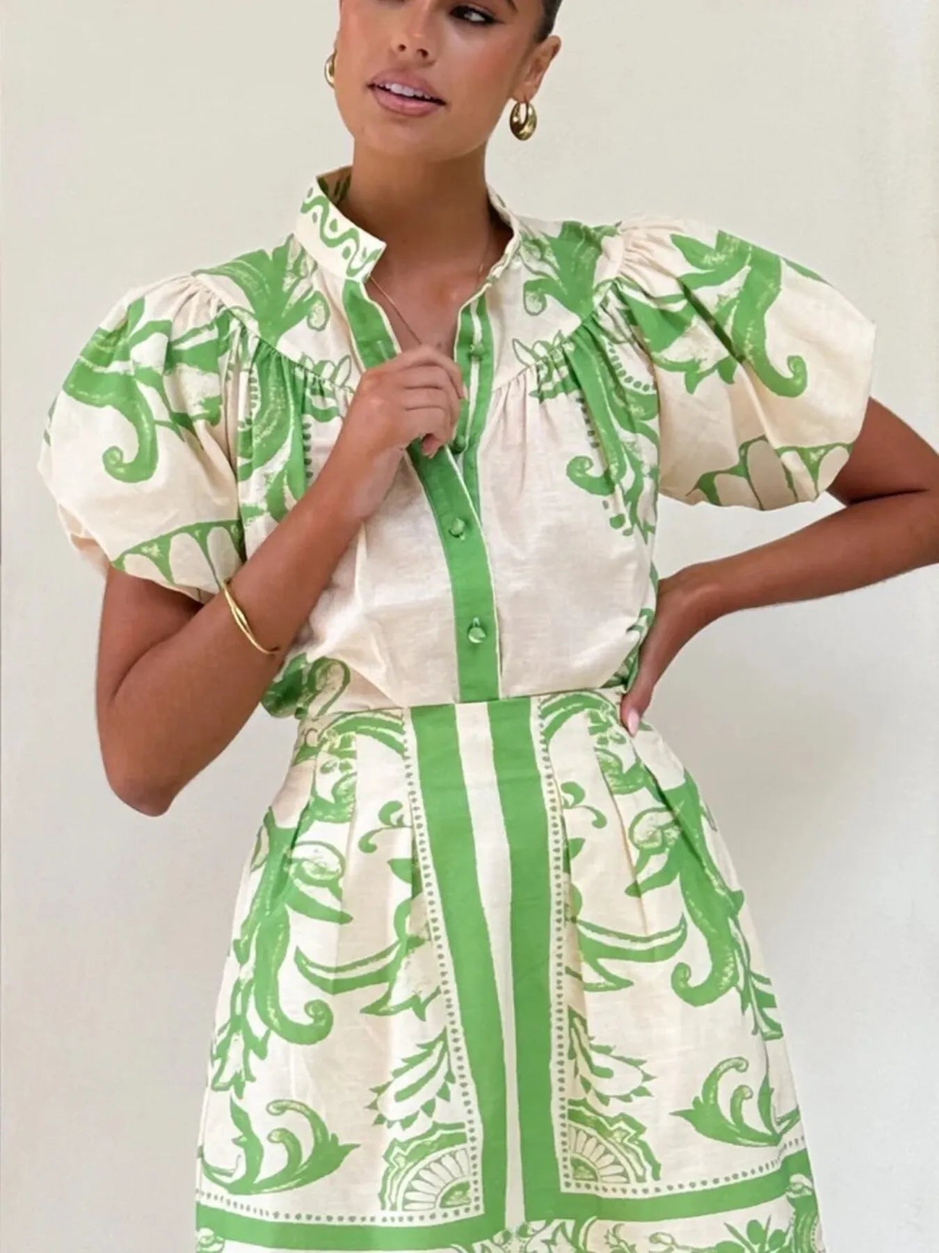 Women's Outfit Set Printed Top Puff Short Sleeve and Zip Back Skirt Sets Light Green 245d61cb582e4b7fb4d2abf45669f826-Max-Origin Trendsi