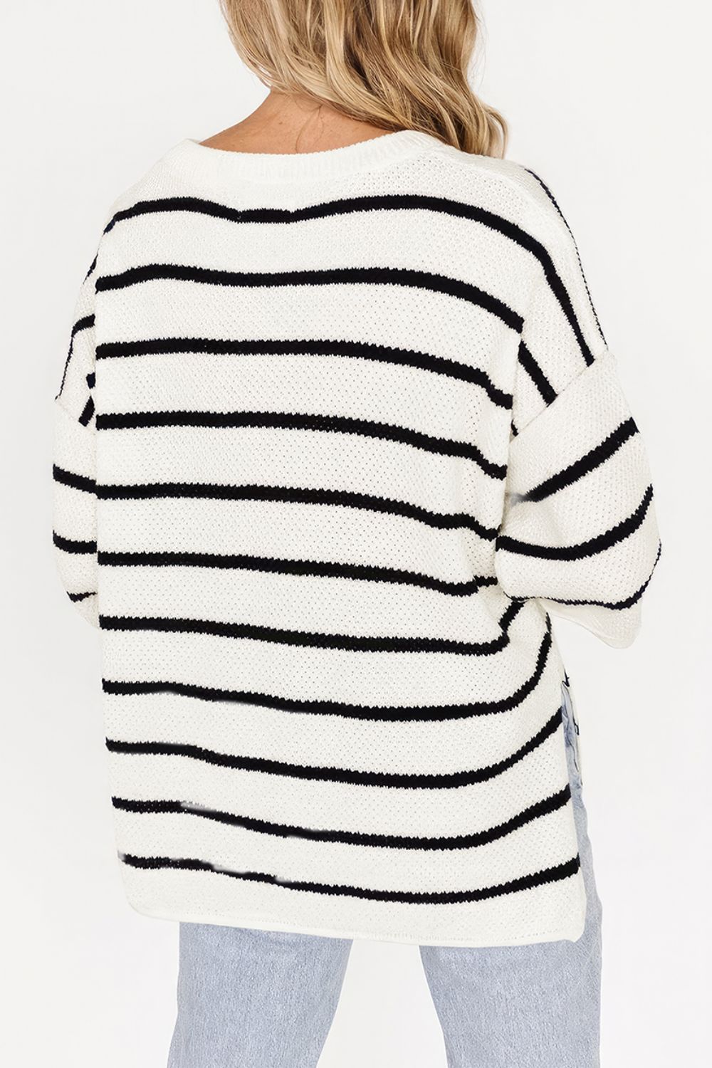 Stripe Knit Top Women's Collared Button Drop Shoulder Side Slit Long Sleeve 24637947-6533-4dd1-bbcb-ef98098647f9-Max Trendsi