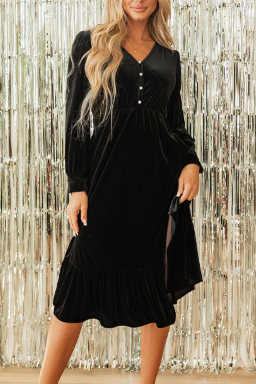 Black Velvet Midi Dress Ruffle Hem Slit V-Neck Buttoned Long Sleeve Dresses