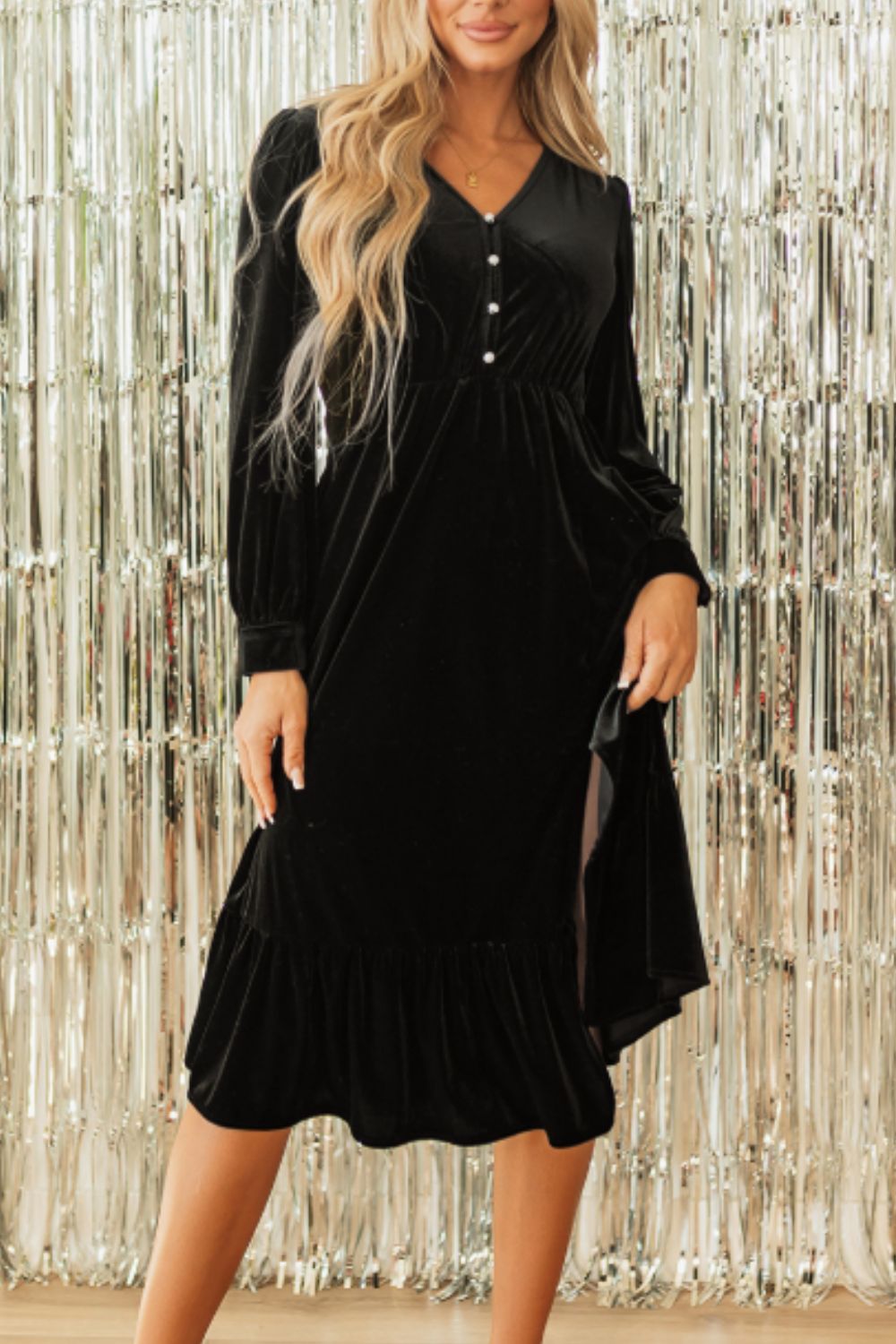 Black Velvet Midi Dress Ruffle Hem Slit V-Neck Buttoned Long Sleeve Dresses 2467b91e-4d14-4525-851d-9c5215c757e0-Max Trendsi