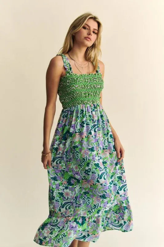 Davi & Dani Midi Dress Multi Green Floral Smocked Bodice Geo Ruffle Strappy 246a69d5f71e4b8fbbd92579f1fb5fcb-Max-Origin Trendsi
