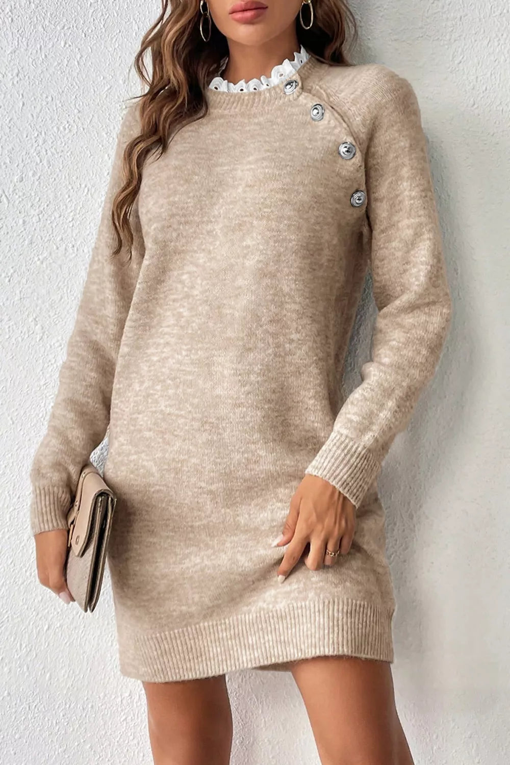 Sweater Dress Tan Ribbed Hem Raglan Long Sleeve 246ab9ed-4362-433f-bb5d-0b0357cff275-Max-Origin Trendsi
