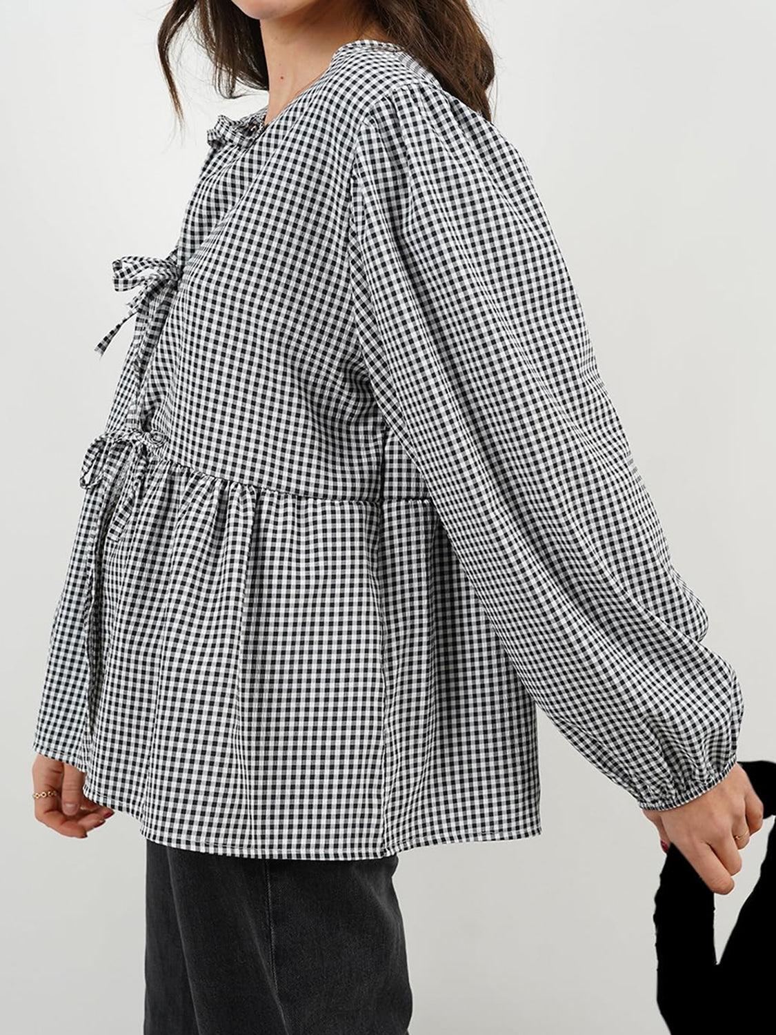 Blouse Front Tied Round Neck Long Sleeve Cotton Blend Tops 2470b7d1-734b-4e5c-9d6f-3c0bdebb0da8-Max_938a67a2-80ac-44ba-a73c-7abe9e8ef1c9 Trendsi