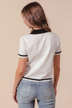 SO ME Sweater Shirt Top Classic Button Up Knitted Short Sleeve Ivory Black 247fbf3c0271429b9442aad5ead16ba7-Max-Origin Trendsi