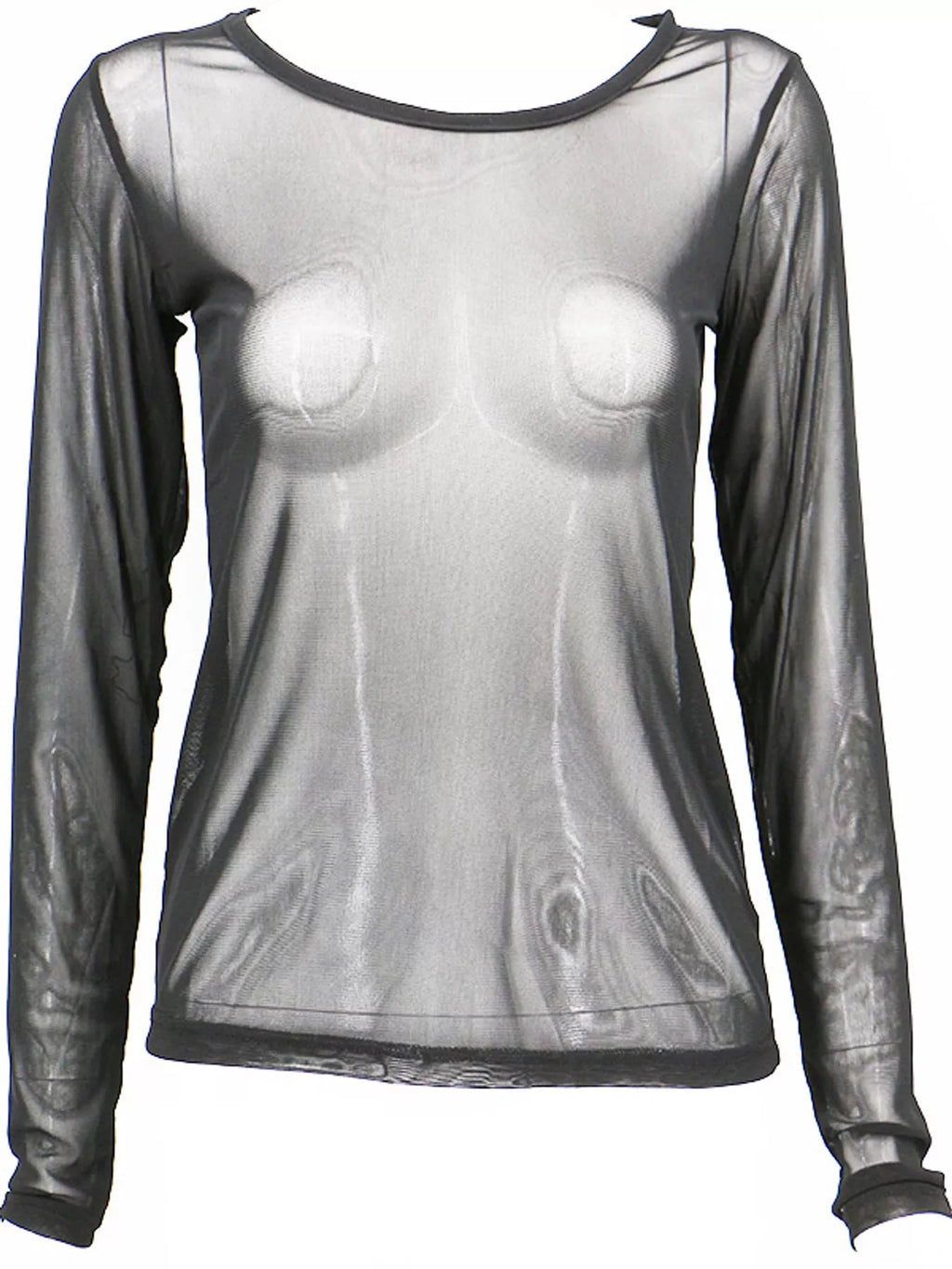 Full front shot of black mesh top on mannequin showcasing bodycon fit and long fitted sleeves