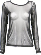 Full front shot of black mesh top on mannequin showcasing bodycon fit and long fitted sleeves