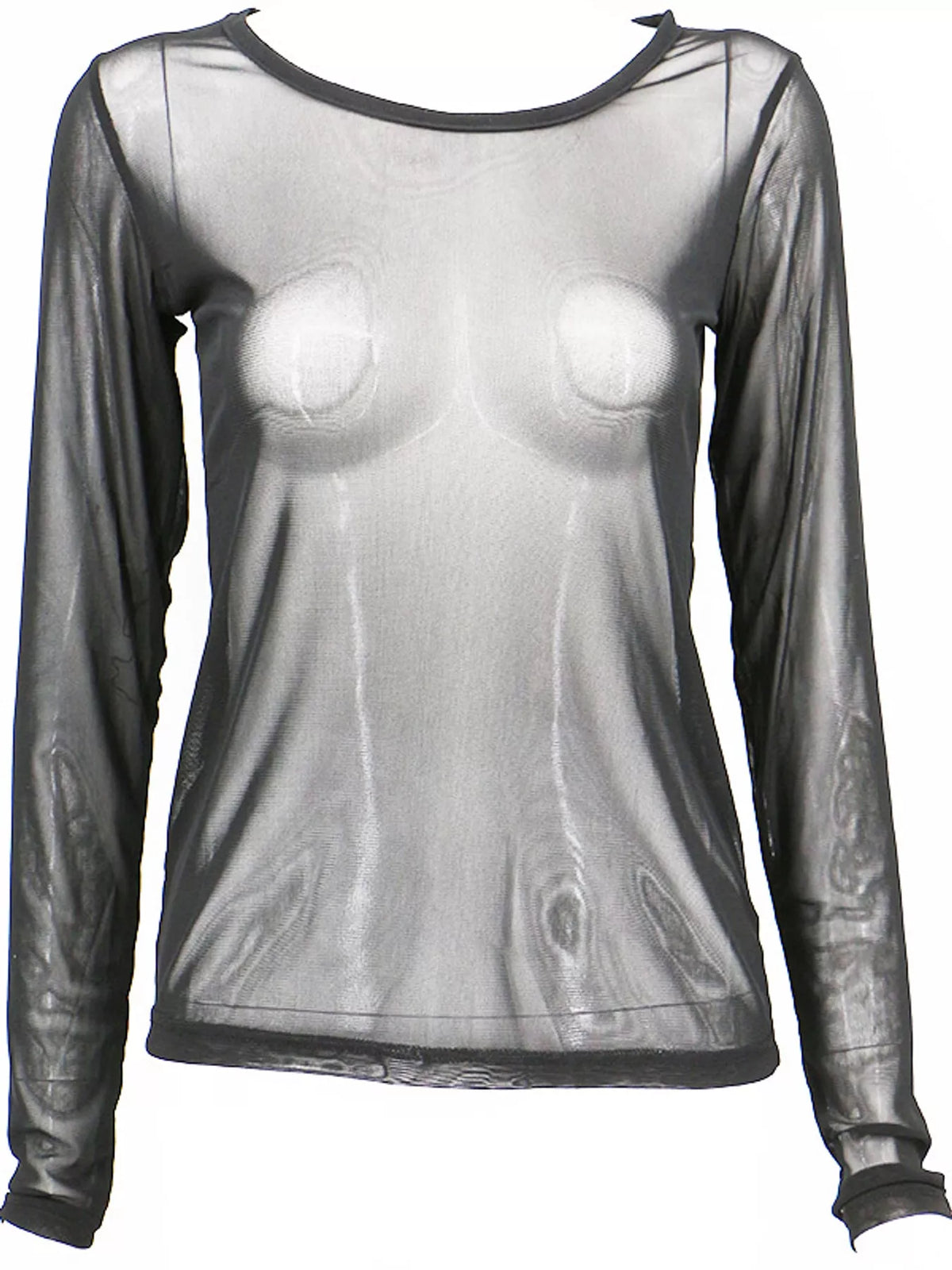 Full front shot of black mesh top on mannequin showcasing bodycon fit and long fitted sleeves