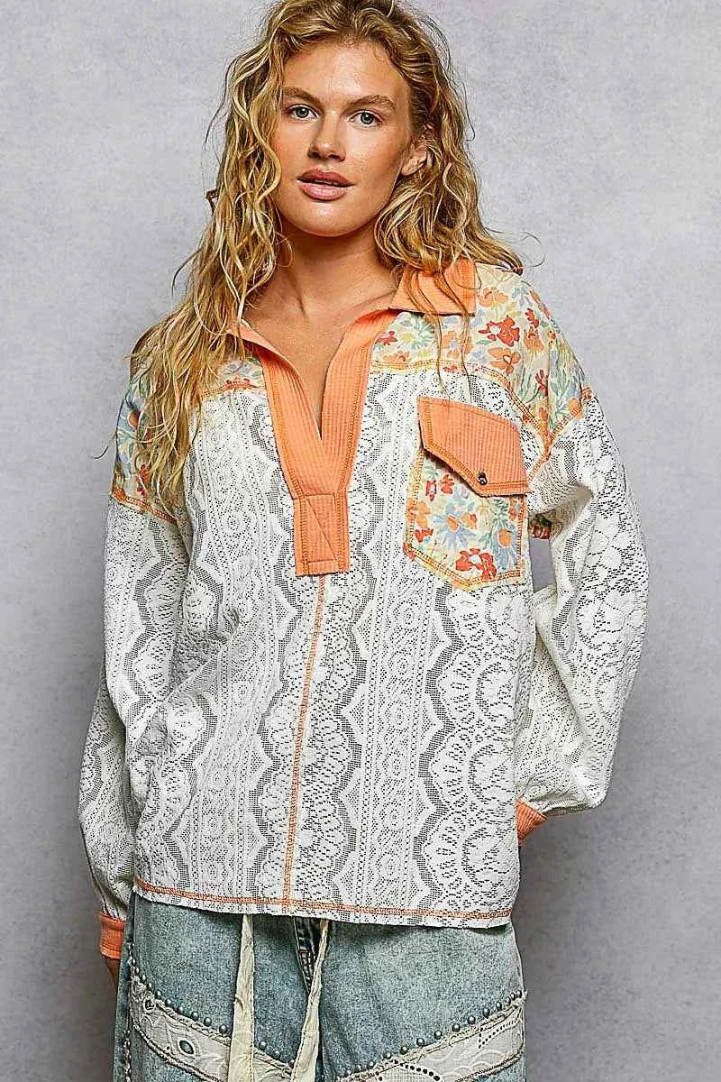 POL Floral Print Long Sleeve Lace Shirt with Front Pocket