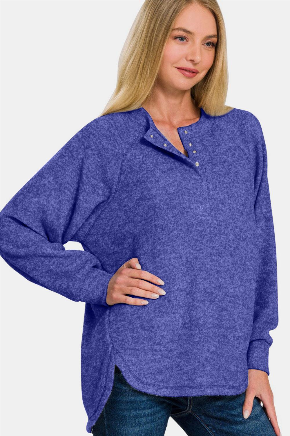 Zenana Sweater Women Blue Melange Brushed Hacci Basic Pullover