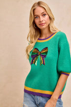 BiBi Sweater Green Mardi Gras Sequin Ribbon Patched Short Sleeve 2498ba316a3e4a92af00b113ddbfecf7-Max-Origin Trendsi