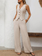 Women's Outfit Set V-Neck Vest and Wide Leg Pants Dust Storm 249c6334-002b-438c-9b77-660401c86f89-Max Trendsi