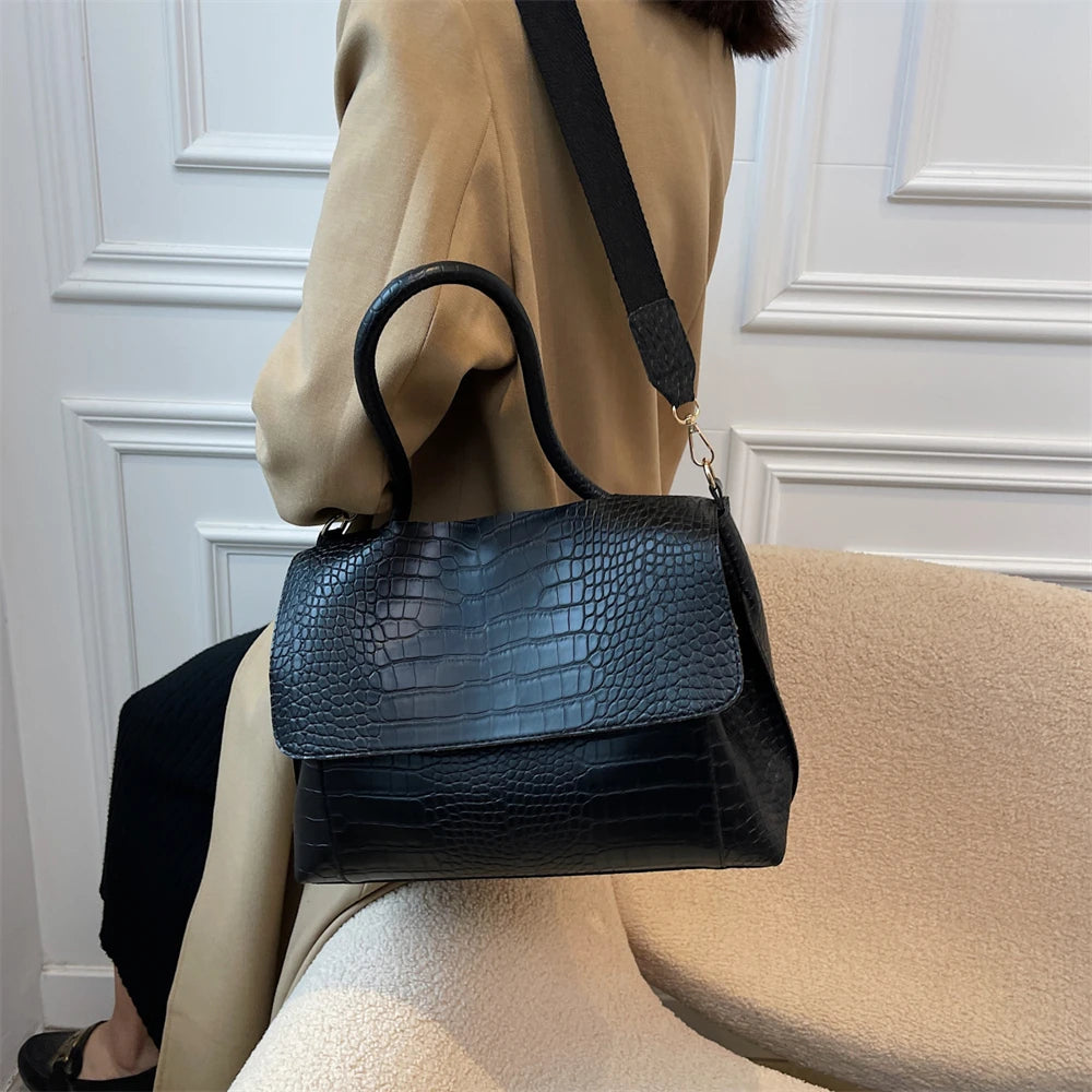 Women's Large Shoulder Bag Crocodile Embossed Pu Leather Flap Handbags