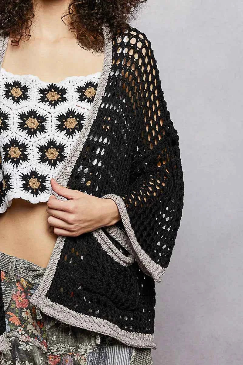 POL Open Front Openwork Cardigan with Contrast Trim