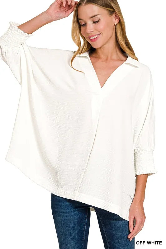 Zenana Airflow Collar Tee with Smocked Sleeve Band