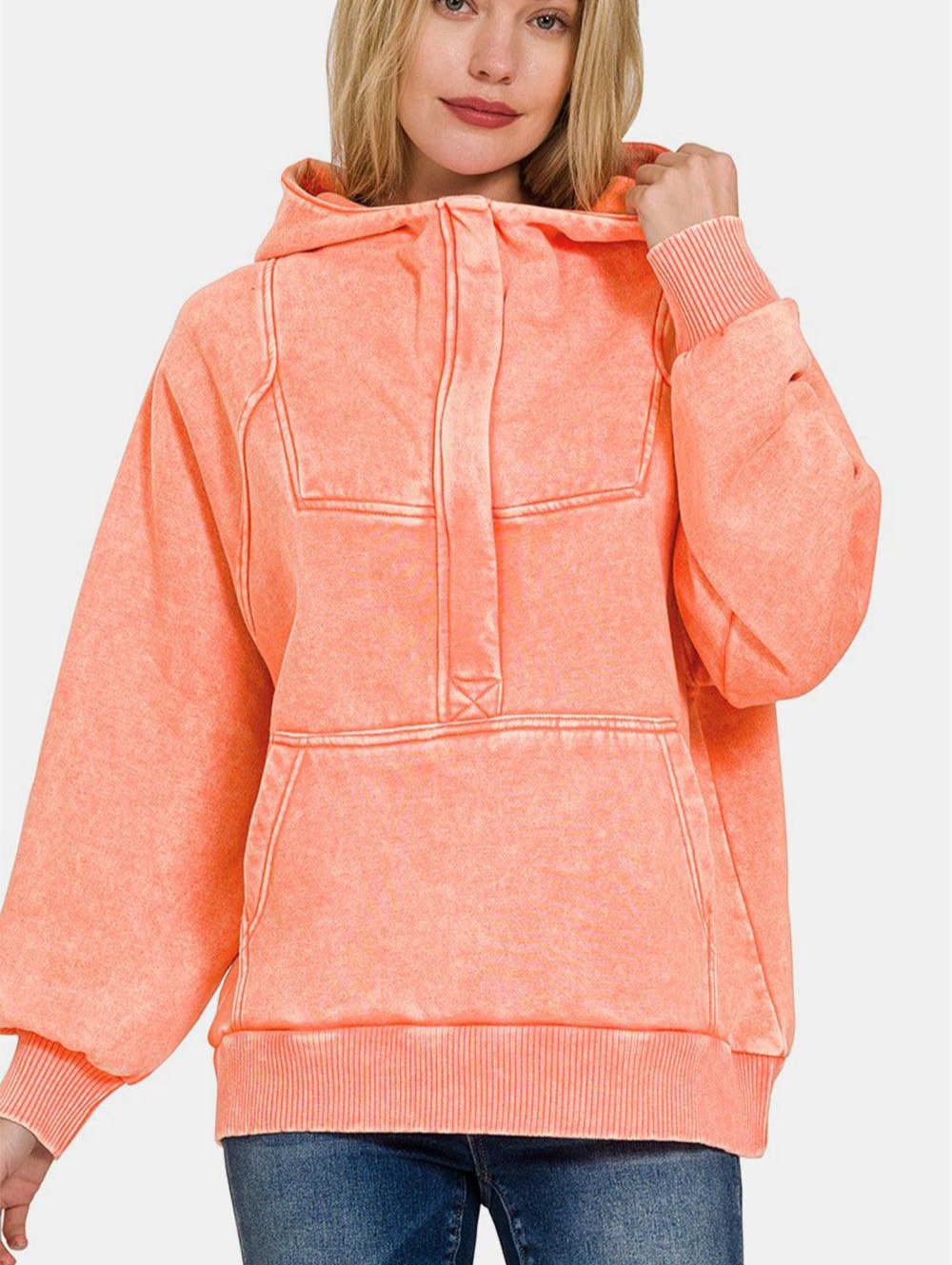 Zenana Hoodie Fleece Kangaroo Pocketed Acid Wash Coral Sweatshirt