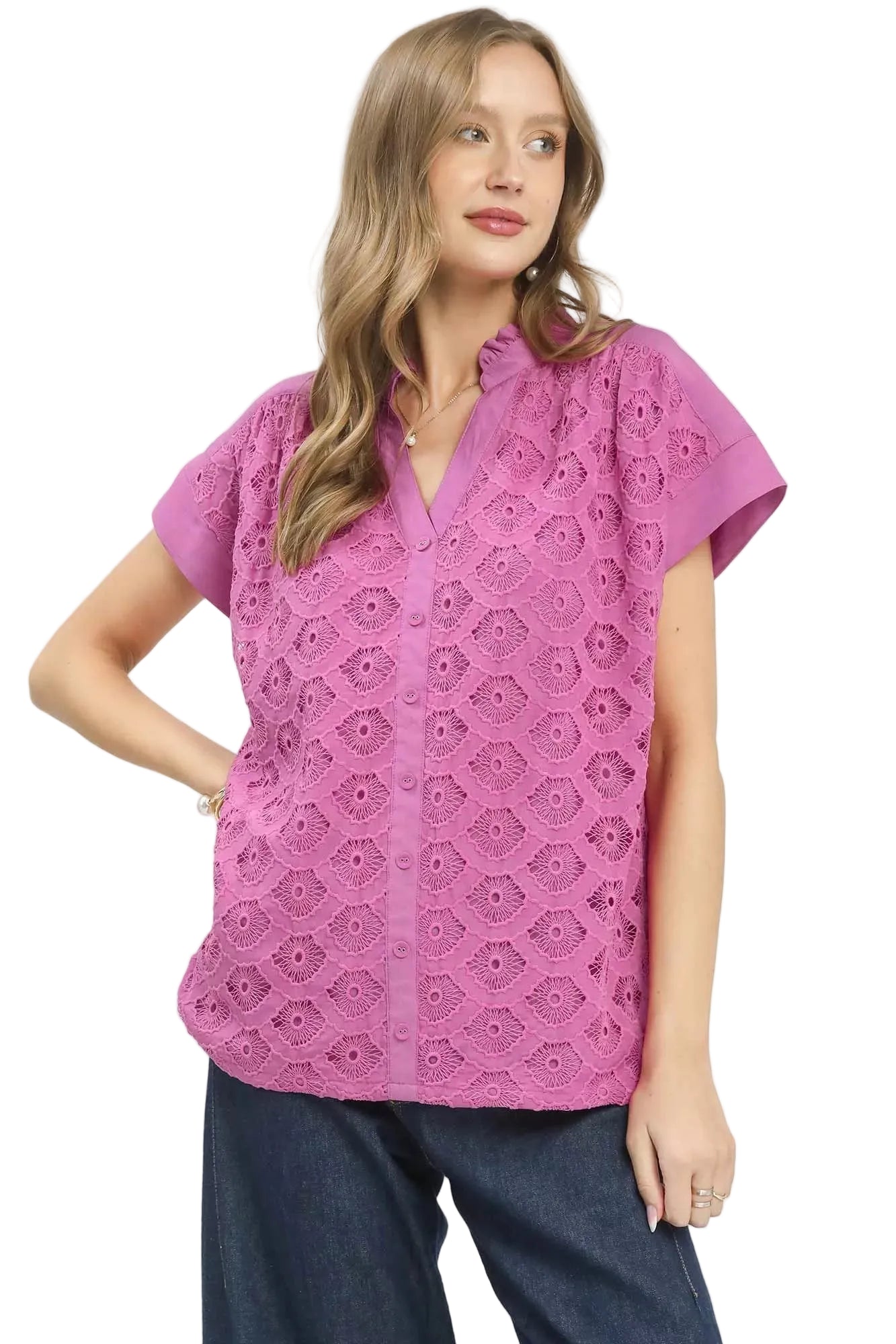 Umgee Lace Button-Front Top with Delicate Embroidered Detailing