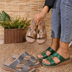 Open Toe Buckle Sandals with Mid Heel Height, PU Leather and Rubber Materials, Imported