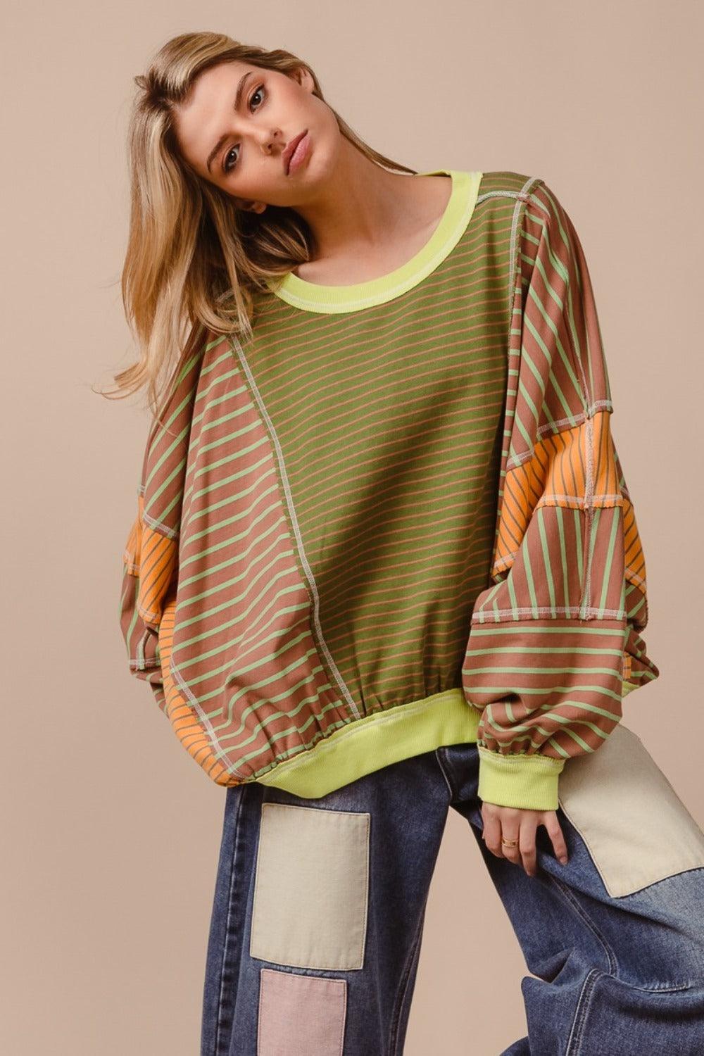 BiBi Sweatshirt Striped Color Block Round Neck USA Stock Oversized Top