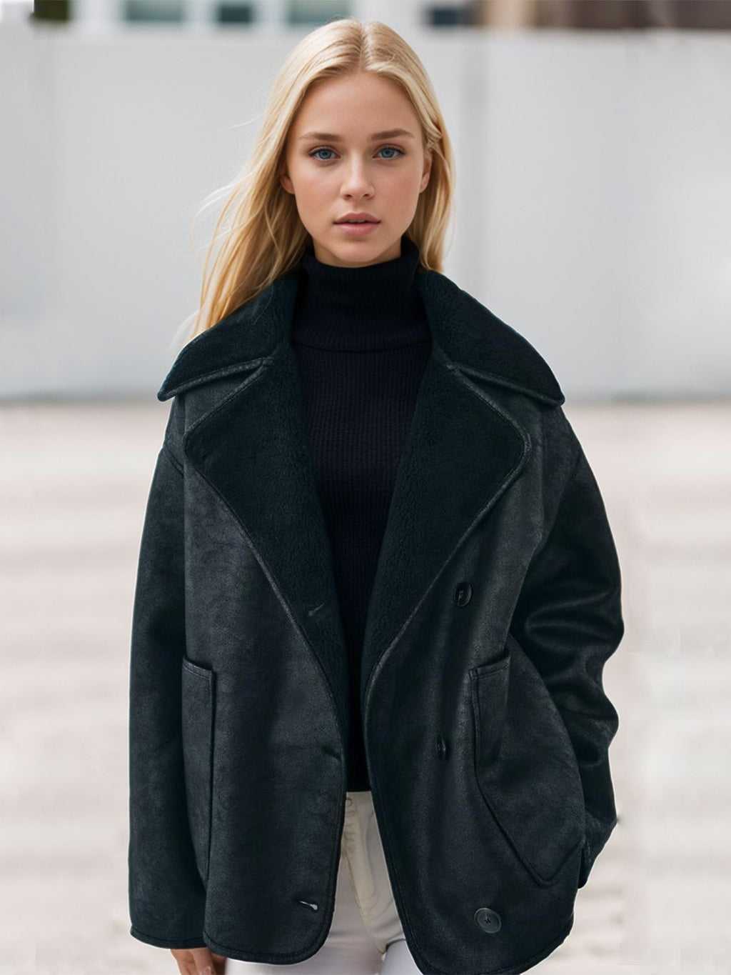 Women Suede Jacket Collared Neck Long Sleeve Plush Lined Chocolate Coat Black 24d2a623-af94-4338-9d82-33ad2e809747-Max Trendsi