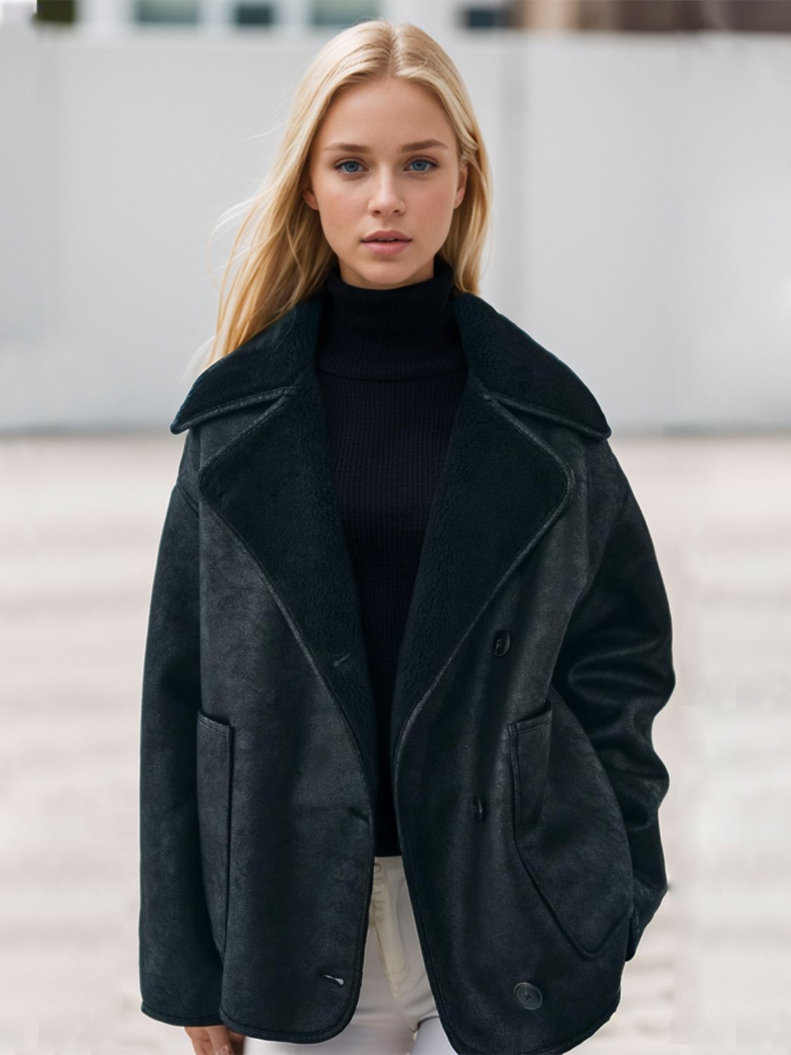 Women Suede Jacket Collared Neck Long Sleeve Plush Lined Chocolate Coat Black 24d2a623-af94-4338-9d82-33ad2e809747-Max Trendsi