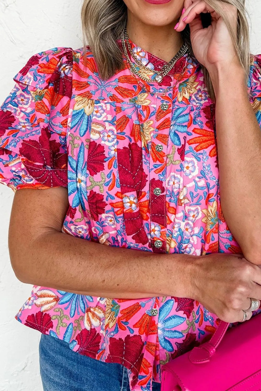 Floral Women's Blouse Pleated Colorful Red Buttoned Puff Short Sleeve 24e298f3-bdbb-4897-8830-00d2cbfefea7-Max-Origin Trendsi