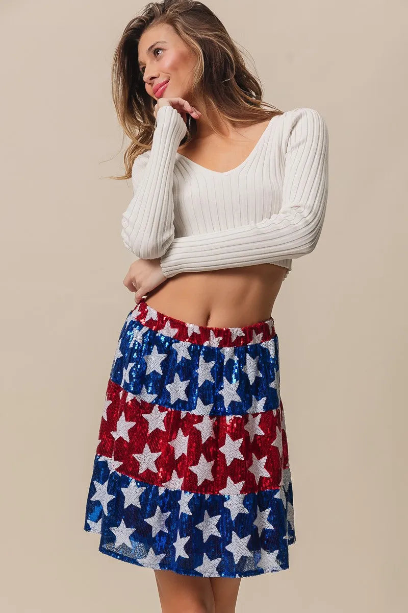 BiBi Sequin Skirt American Flag Theme Star Tiered Short Layered 24e44ecbc8774bb992c6b5745613855a-Max-Origin Trendsi