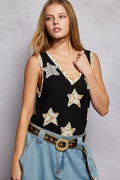 POL Washed Ribbed V-Neck Tank with Floral Print Star Patch